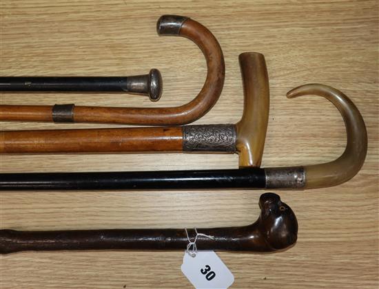 Five assorted walking canes